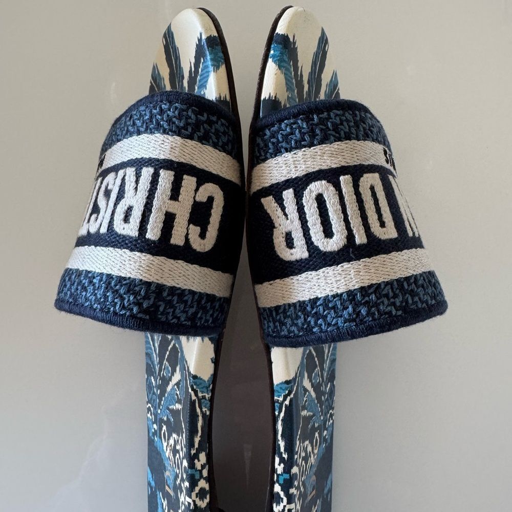 Dior Blue Cream Logo Canvas Slide Sandals Sz 6 - Picture 6 of 10